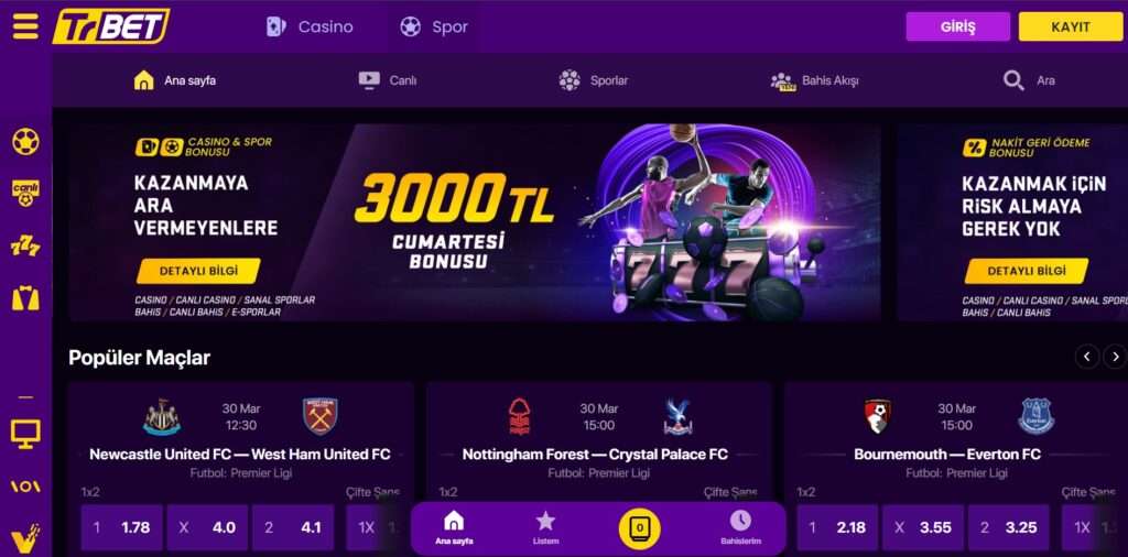 TrBet İle Bedava Bahis Heyecanını Yaşayın! TrBet, yeni ve mevcut kullanıcılarına bedava bahisler sunarak bahis deneyimlerini zenginleştiriyor. Favori sporlarınızda veya canlı oyunlarda risk almadan bahis yapma şansını elde edin. TrBet'te bedava bahislerle kazanmaya başlayın.